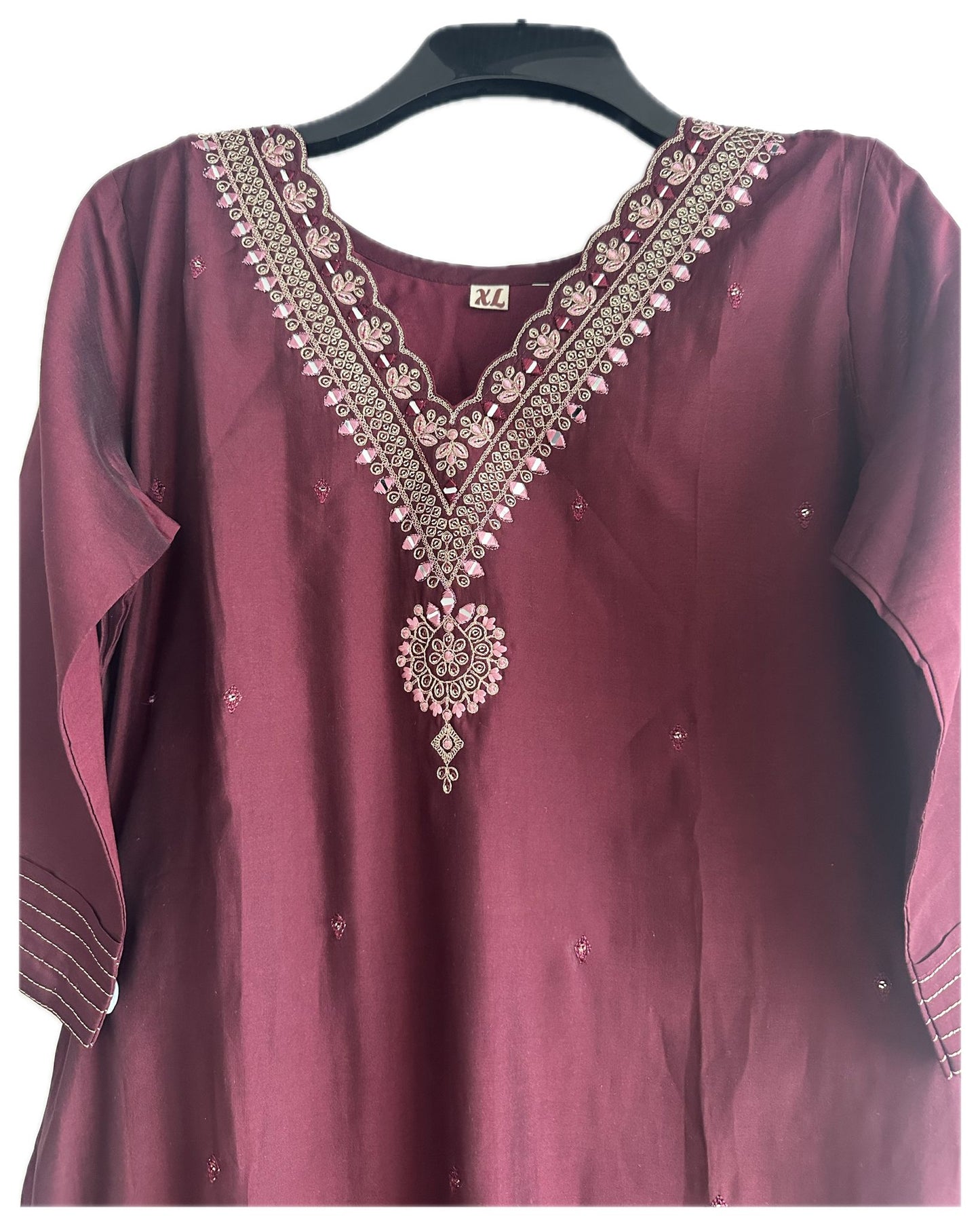 V-Neck Silk Suit with Printed Silk Dupatta
