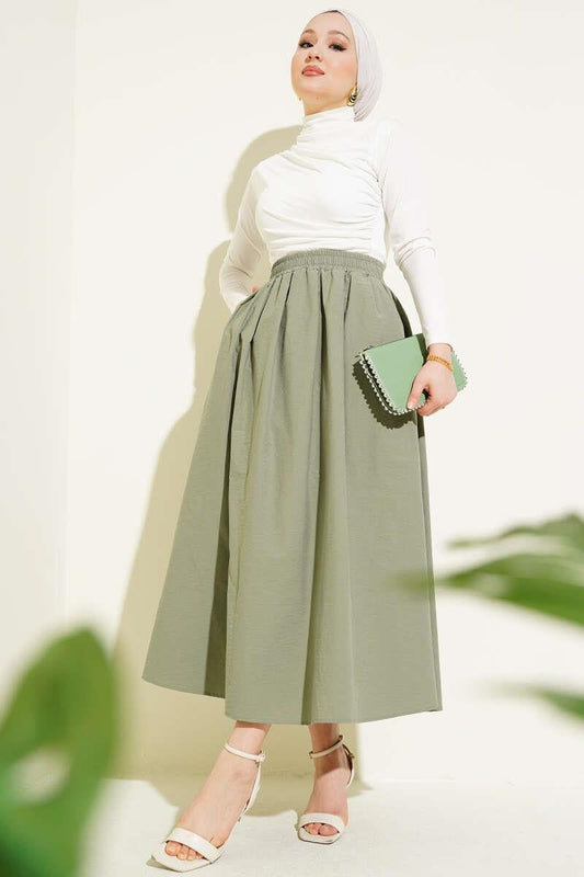 Elastic Waist Pocketed Flared Skirt