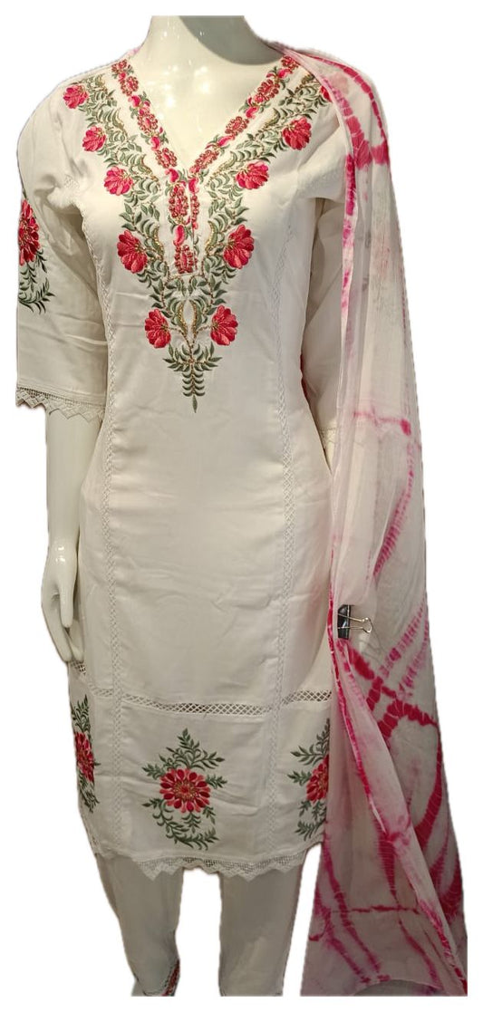 White Resham Work 3-Piece Elegant Suit with Shibori Dupatta