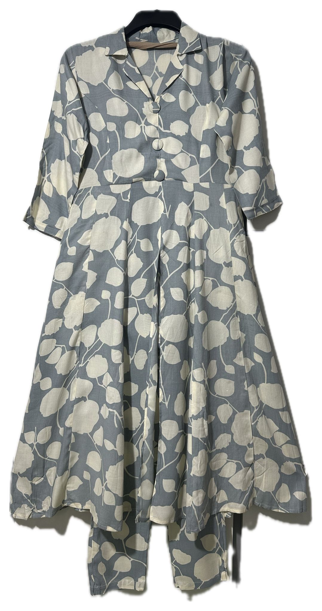 Grey Printed Long Collared Co-Ord Set – Elegant & Minimalist