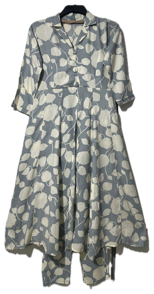 Grey Printed Long Collared Co-Ord Set – Elegant & Minimalist