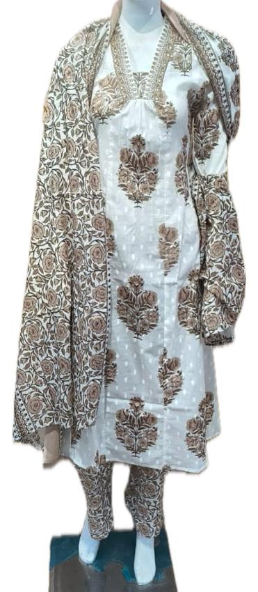 Cotton Printed Suit – Cream with Rose Print
