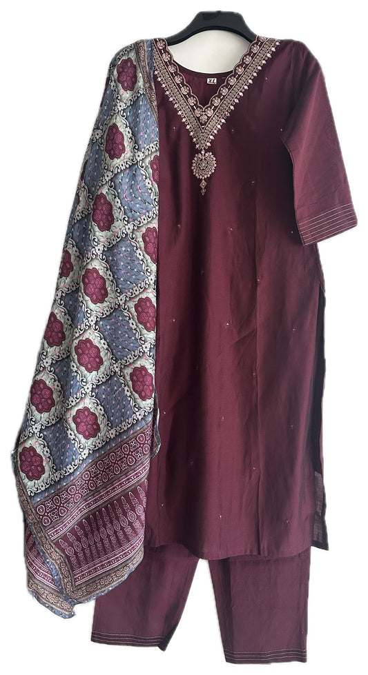 V-Neck Silk Suit with Printed Silk Dupatta