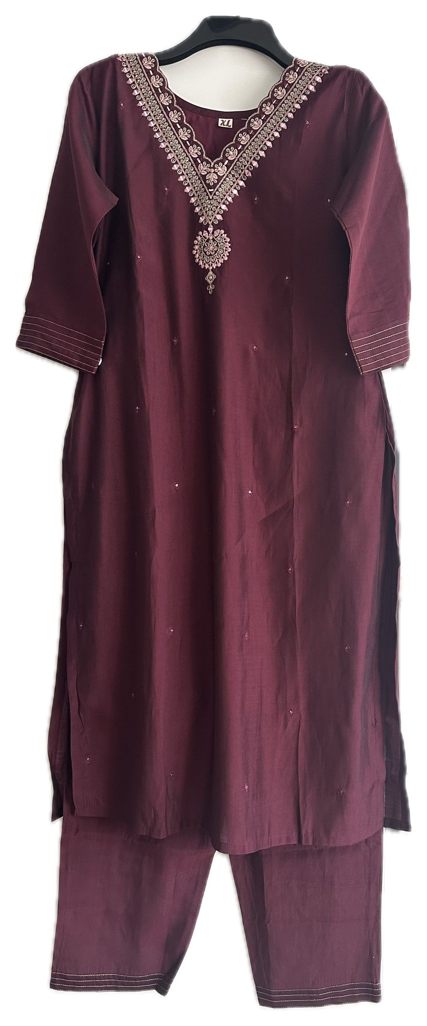 V-Neck Silk Suit with Printed Silk Dupatta