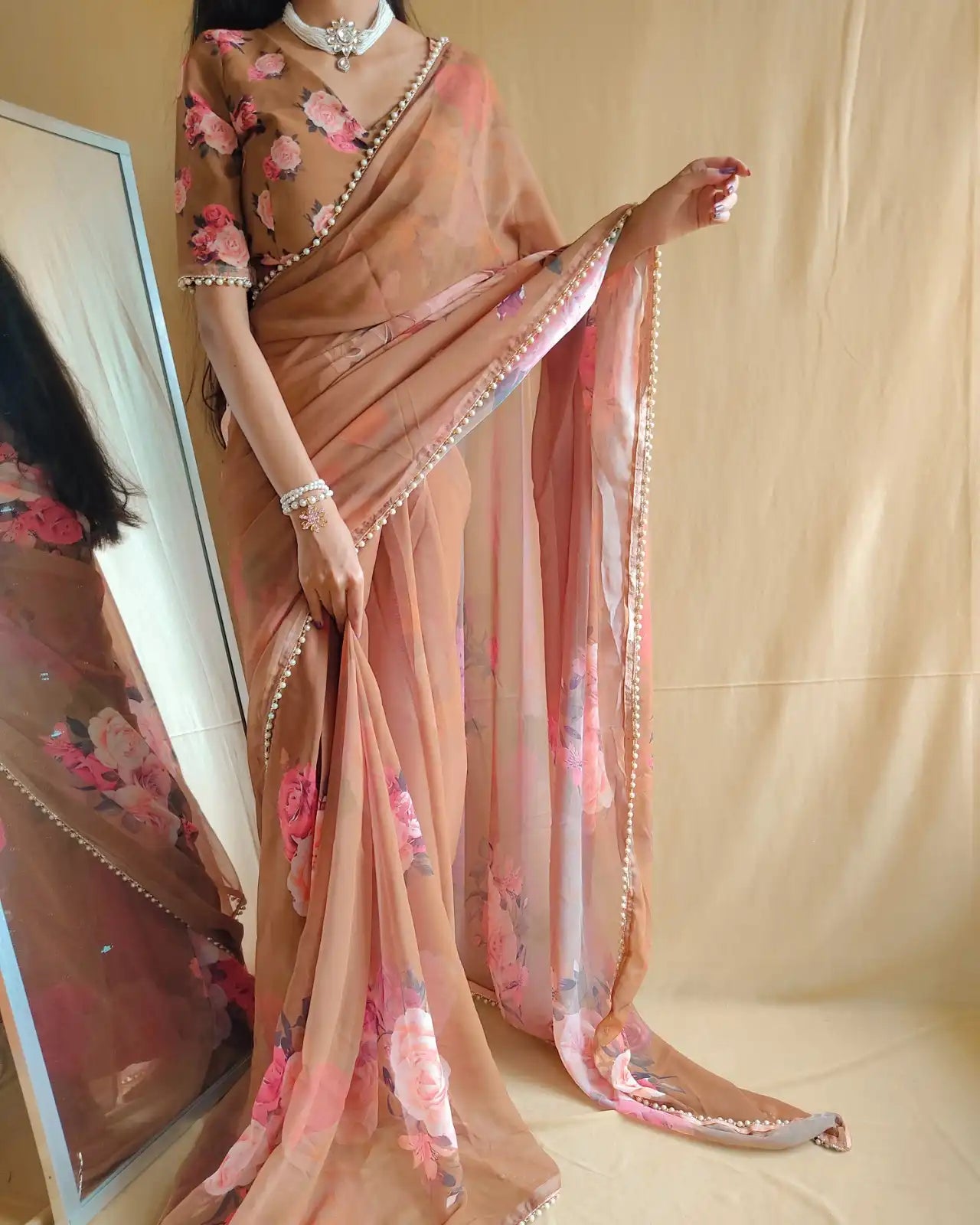 Printed Georgette Saree with Pearl Lace Border