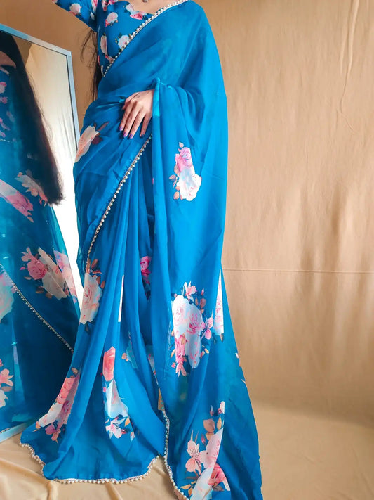 Printed Georgette Saree with Pearl Lace Border