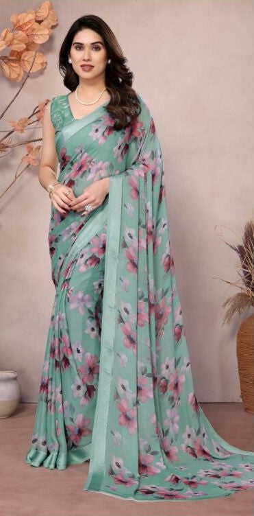Bindu Gopi Moss Printed Saree with Satin Patta