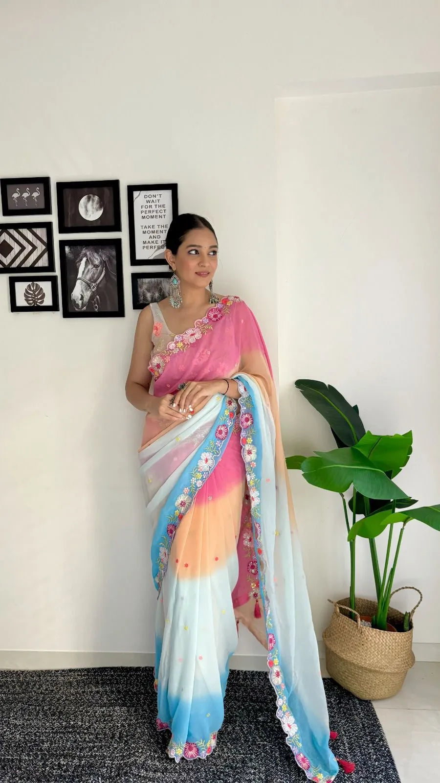Georgette Multicolor Saree with Sequin Embroidery