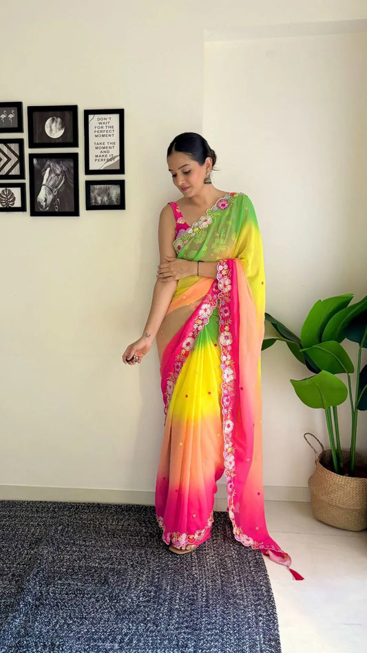 Georgette Multicolor Saree with Sequin Embroidery