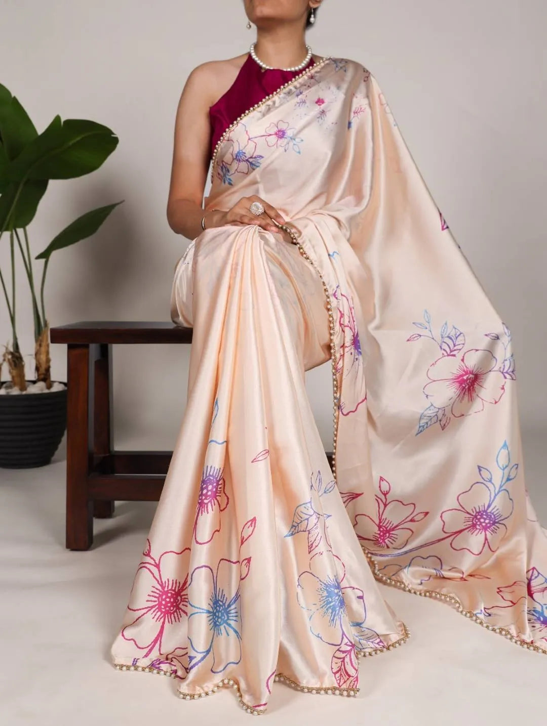 Satin Silk Saree with Pearl Lace Border