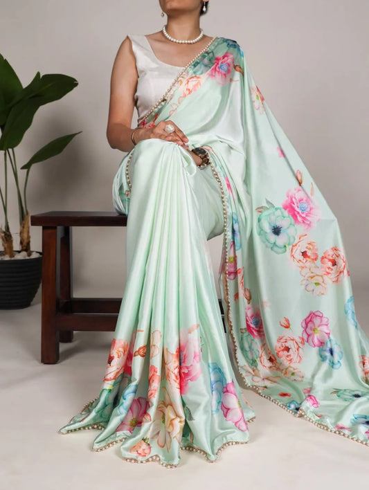 Satin Silk Saree with Pearl Lace Border
